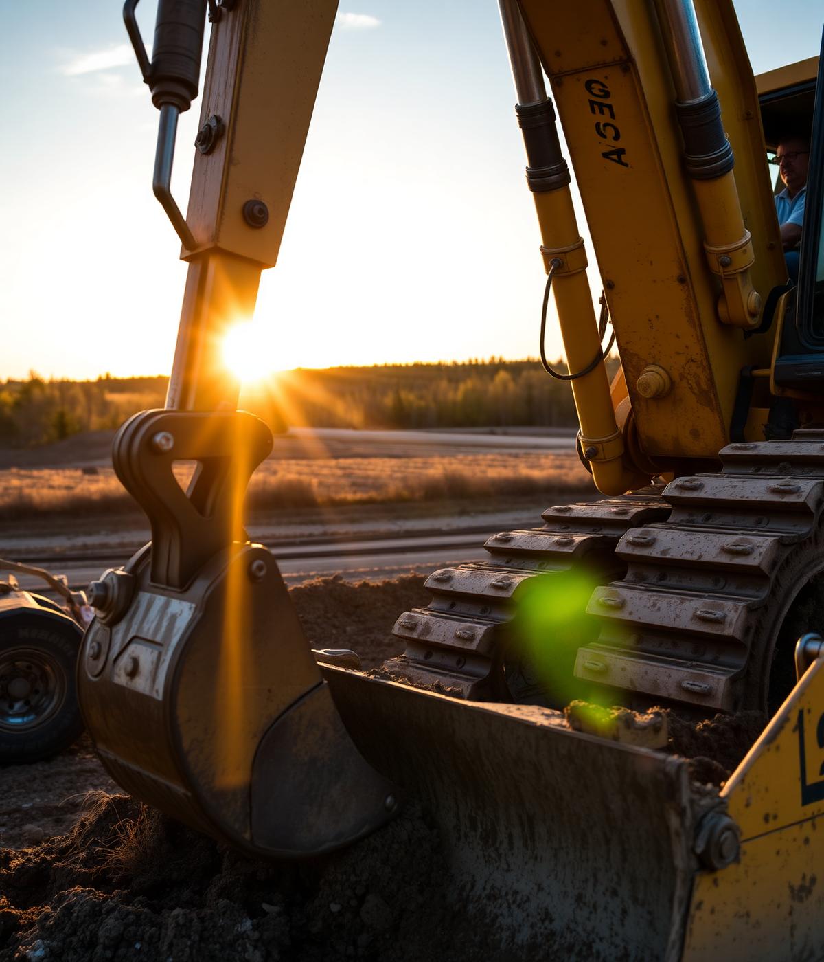 Machinerie d'excavation au coucher du soleil